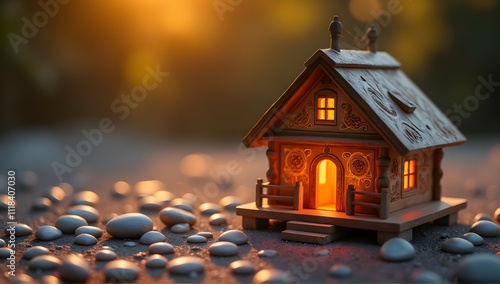 Wallpaper Mural Illuminated wooden cottage glows warmly at sunset, nestled amongst smooth stones. A captivating scene of tranquility and peace. Torontodigital.ca