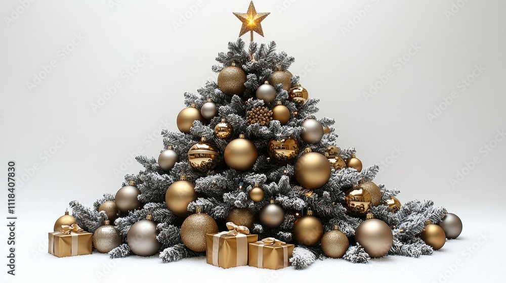 Festive decorated christmas tree with gold ornaments and presents beneath Festive decorated christmas tree with gold ornaments and presents beneath