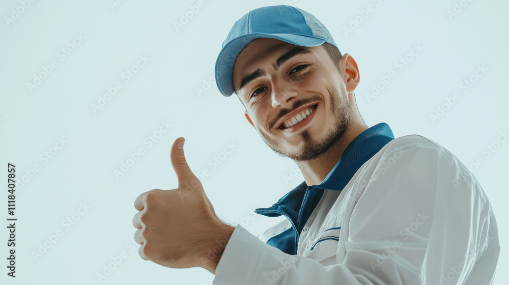 Smiling worker in white and blue uniform, thumbs up Smiling worker in white and blue uniform, thumbs up