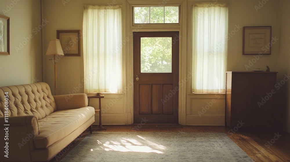 Fototapeta premium Sunlit Living Room With Tan Sofa And Wooden Door