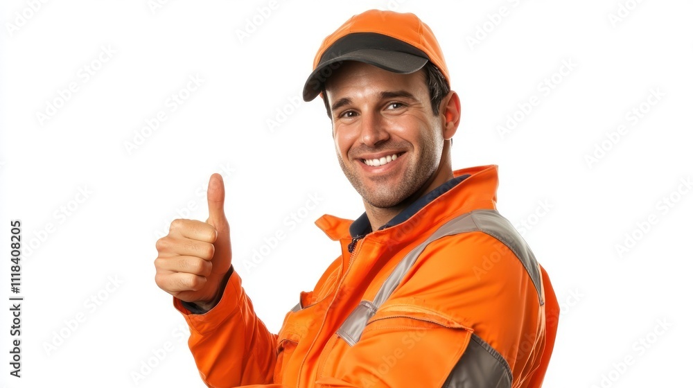 Smiling worker in orange and gray uniform with thumb Smiling worker in orange and gray uniform with thumb