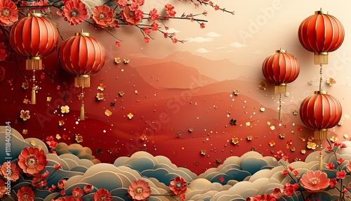 Chinese New Year Lanterns with Cloud Paper Cut Style Background