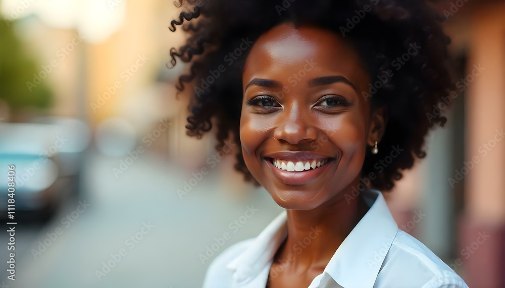 Fototapeta premium Black African American woman with afro hairstyle and a big smile