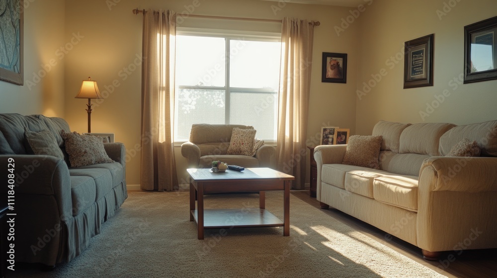 Sunlit Living Room With Beige Couches And Coffee Table Sunlit Living Room With Beige Couches And Coffee Table
