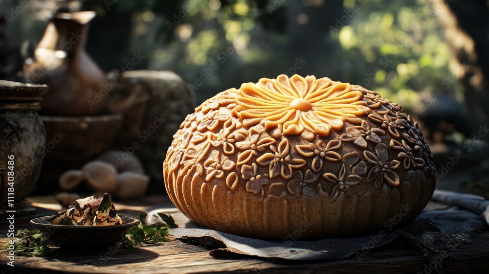 Ornate Flower Decorated Bread Loaf Rustic Setting