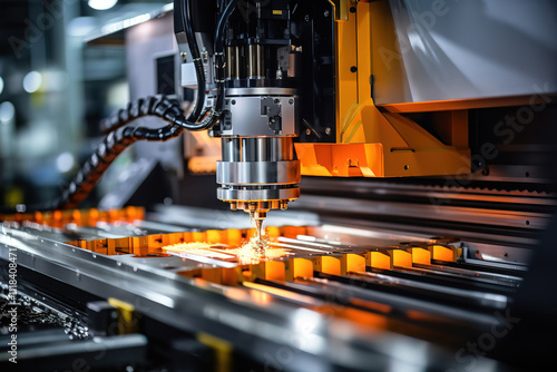 Gorgeous Metal laser cutting machine head with sparks in industrial background