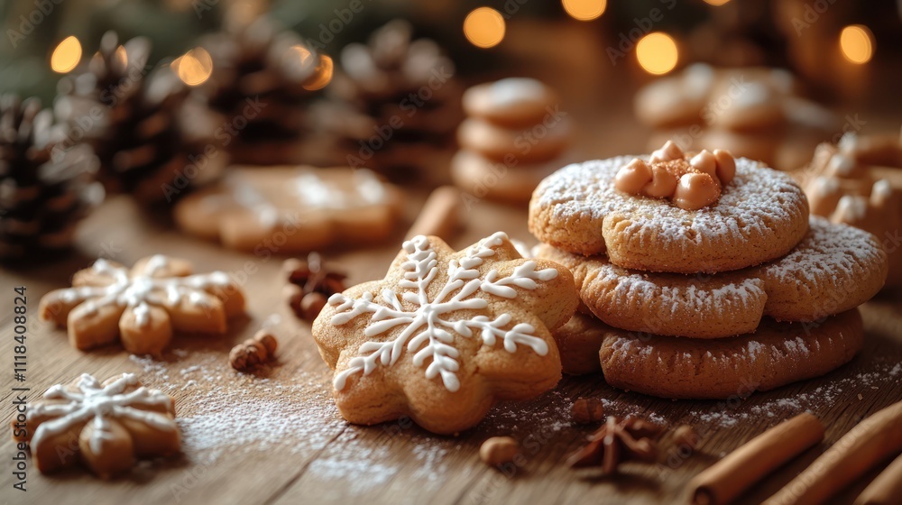 Delicious Christmas gingerbread cookies with icing and festive decorations on wooden table. Delicious Christmas gingerbread cookies with icing and festive decorations on wooden table.