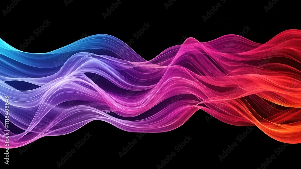 A vibrant wave of colorful lines flows smoothly against a black background, creating a dynamic visual effect. A vibrant wave of colorful lines flows smoothly against a black background, creating a dynamic visual effect.