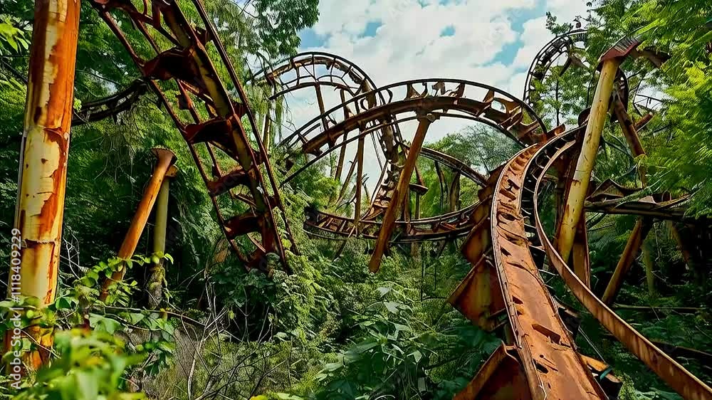a wooden roller coaster and track in a forest. a wooden roller coaster and track in a forest.