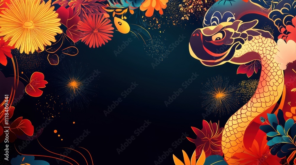 Cheerful cartoon animals preparing for Chinese New Year with a festive background featuring a snake and fireworks.