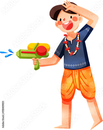 Hand-drawn Man in Thai Dress Celebrating Songkran Digital painting photo