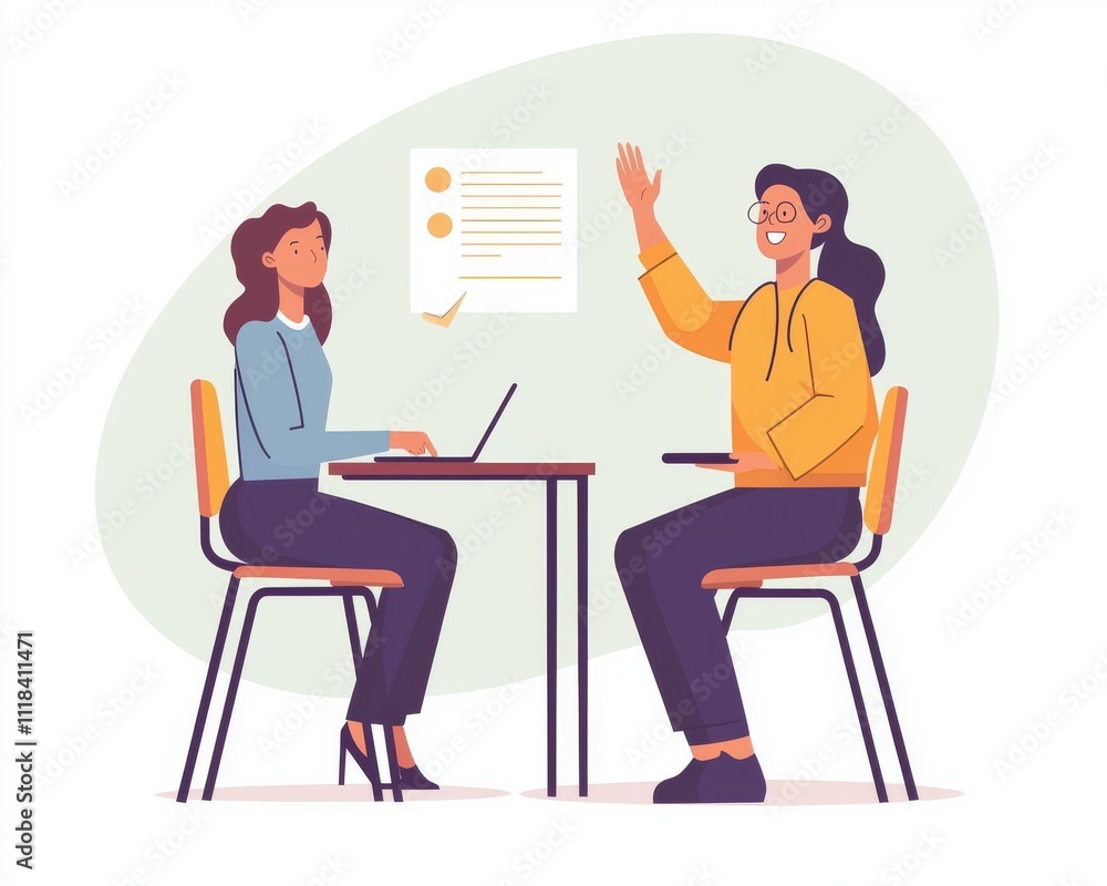 Two women engaged in a professional discussion at a table, showcasing collaboration and teamwork in a modern setting. Two women engaged in a professional discussion at a table, showcasing collaboration and teamwork in a modern setting.
