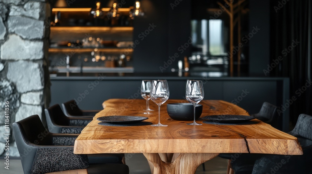 Fototapeta premium Modern Dining Table Setting With Wood And Glassware