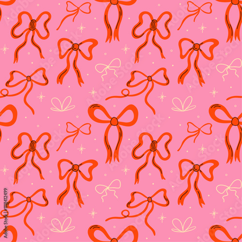 Seamless pattern with various bow knot coquette accessories, different types of gift ribbons decorative elements for Christmas, birthday presents vector illustration in cartoon retro groovy style