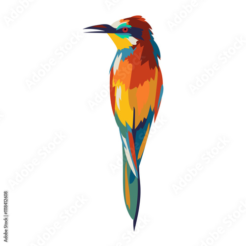 Vibrant European bee-eater sitting from the back. Colorful picturesque bird isolated on white background. Vector illustrations. Cartoon.