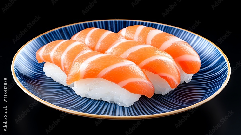 Close-up of fresh salmon sushi nigiri on an elegant plate, showcasing vibrant colors and delicate presentation. Close-up of fresh salmon sushi nigiri on an elegant plate, showcasing vibrant colors and delicate presentation.