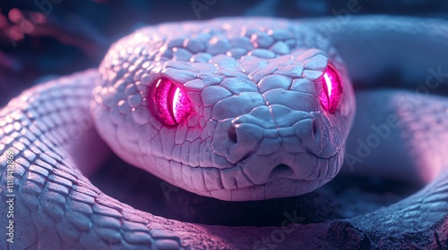 White snake with glowing red eyes emerging from darkness photo