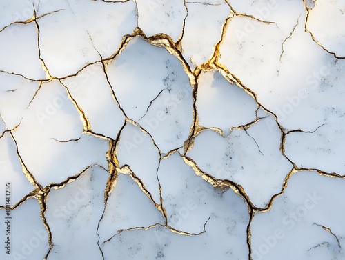 Cracked, parched earth with golden fissures. photo