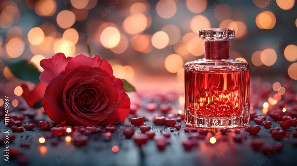 Romantic red rose and perfume bottle with hearts. Romantic red rose and perfume bottle with hearts.