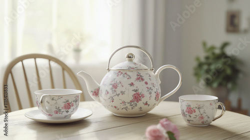 Wallpaper Mural Vintage teapot and cups with floral design on wooden table for Mother's Day Torontodigital.ca