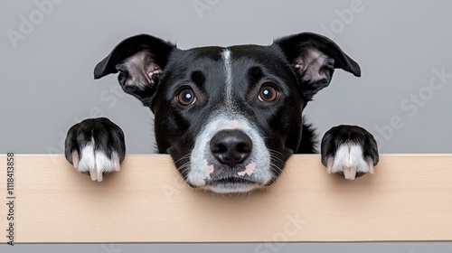 Curious Canine: A black and white dog with soulful eyes peeks over a light wooden surface, paws gently resting on the edge.  Its expressive gaze invites interaction and playful curiosity. 
