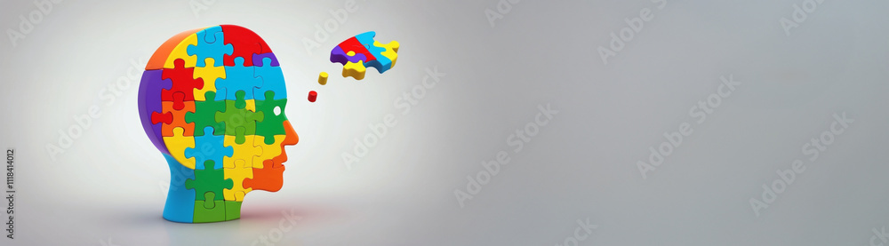 3D banner of a puzzle profile head for World Autism Awareness Day, symbolizing thoughtfulness and mental health. copy space. 3D banner of a puzzle profile head for World Autism Awareness Day, symbolizing thoughtfulness and mental health. copy space.
