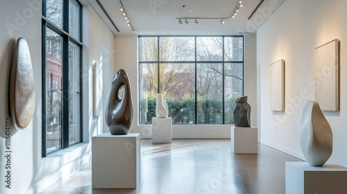 Modern art gallery interior with sculptures and paintings. (3)