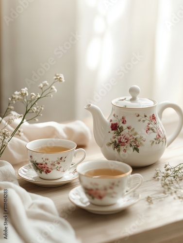 Wallpaper Mural Elegant tea set with floral design on tablecloth in soft light on Mother's Day Torontodigital.ca