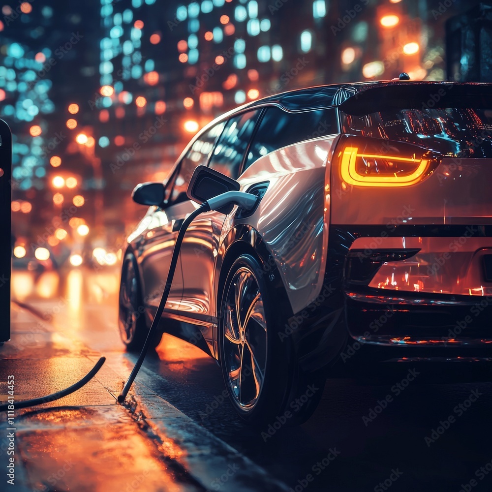 A sleek white electric car charging at night with urban city lights reflecting on its surface. A sleek white electric car charging at night with urban city lights reflecting on its surface.