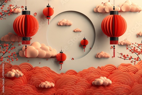 Chinese New Year Lanterns with Cloud Paper Cut Style Background