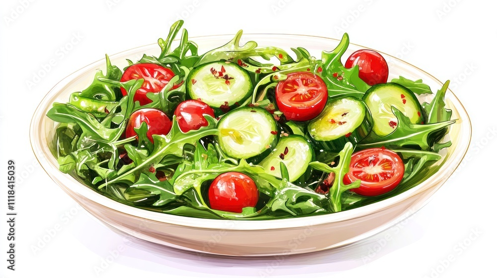 A fresh salad featuring arugula, cherry tomatoes, and cucumber in a bowl. A fresh salad featuring arugula, cherry tomatoes, and cucumber in a bowl.