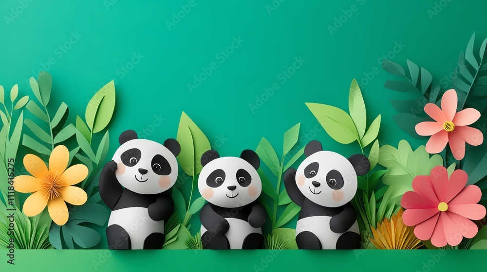 Cute paper art pandas with vibrant floral backdrop, perfect for whimsical and creative projects. Cute paper art pandas with vibrant floral backdrop, perfect for whimsical and creative projects.
