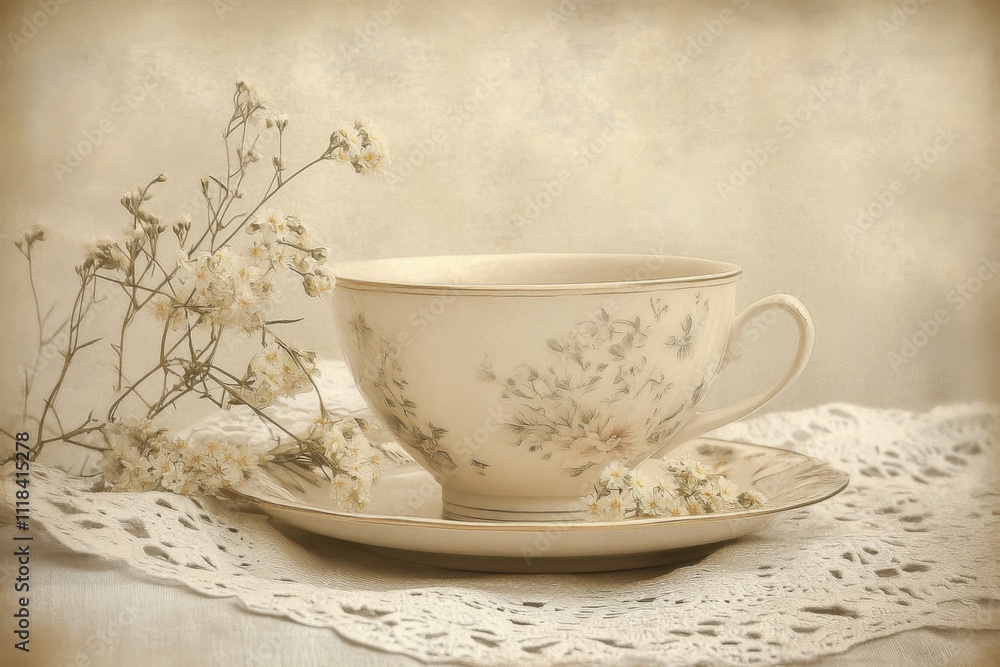 A charming Mother's Day card captures the essence of love with a vintage tea cup surrounded by delicate flowers and lace A charming Mother's Day card captures the essence of love with a vintage tea cup surrounded by delicate flowers and lace