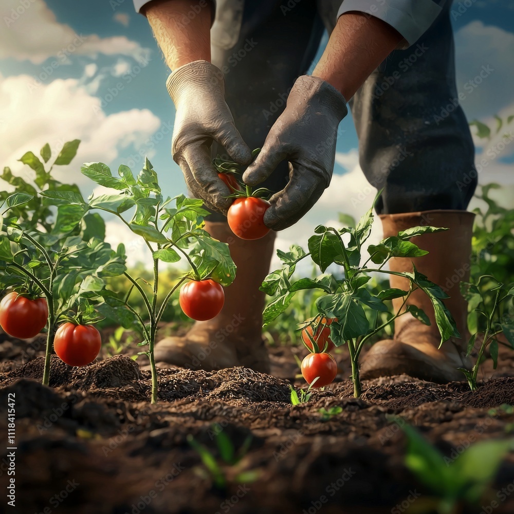 Fototapeta premium A farmer harvesting ripe tomatoes in a sunlit field, showcasing nature's bounty and sustainable agriculture practices.