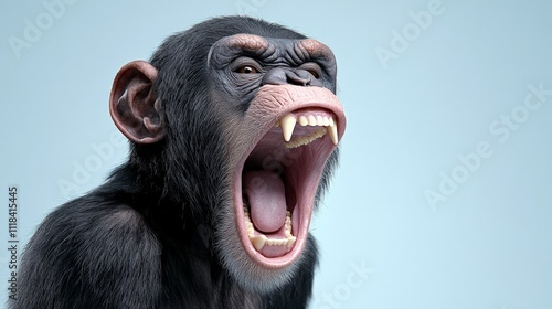 Chimpanzee Yelling: A close-up portrait of a chimpanzee with an open mouth, showcasing its teeth and making a loud, expressive yell.