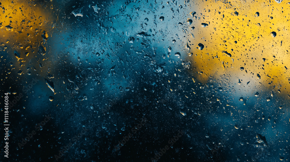Water droplets on glass with vibrant blue and yellow light reflections creating a moody abstract background Water droplets on glass with vibrant blue and yellow light reflections creating a moody abstract background