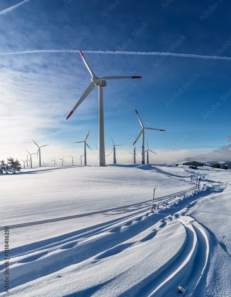 Generated imageCapture a wind farm located in a remote, snowy landscape, with wind turbines turning against a bright winter sky. The stark contrast between the white snow and the rotating blades of th Generated imageCapture a wind farm located in a remote, snowy landscape, with wind turbines turning against a bright winter sky. The stark contrast between the white snow and the rotating blades of th