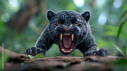 Black Panther Roaring: A majestic black panther snarls with fierce intensity, its sharp teeth bared and eyes blazing with primal power, showcasing the raw energy of the wild.   photo