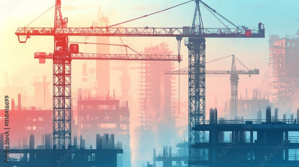 Construction site sunrise with multiple cranes and buildings under construction. Construction site sunrise with multiple cranes and buildings under construction.