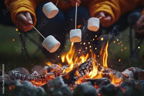 A cozy evening around the campfire, roasting marshmallows on sticks, creating a warm and inviting atmosphere.