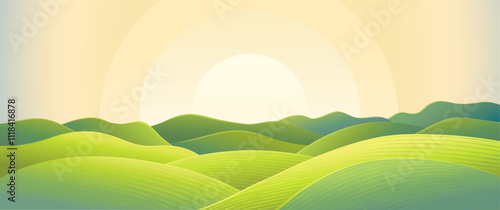 Hilly landscape, with green hills and mountains, sunrise sun above the horizon. Vector illustration.