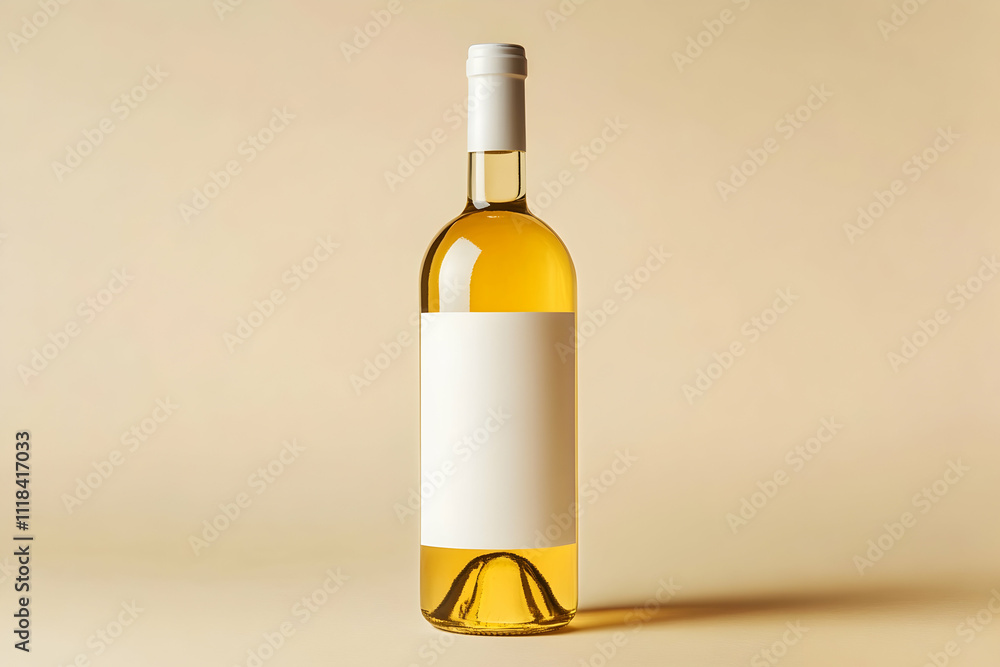 Wine bottle mockup with a blank white label, isolated on a beige background Wine bottle mockup with a blank white label, isolated on a beige background