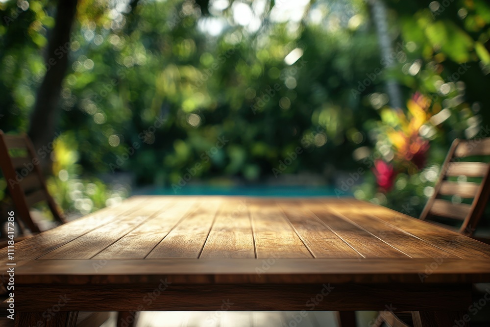 A wooden table in a lush garden setting, creating a serene outdoor atmosphere. A wooden table in a lush garden setting, creating a serene outdoor atmosphere.