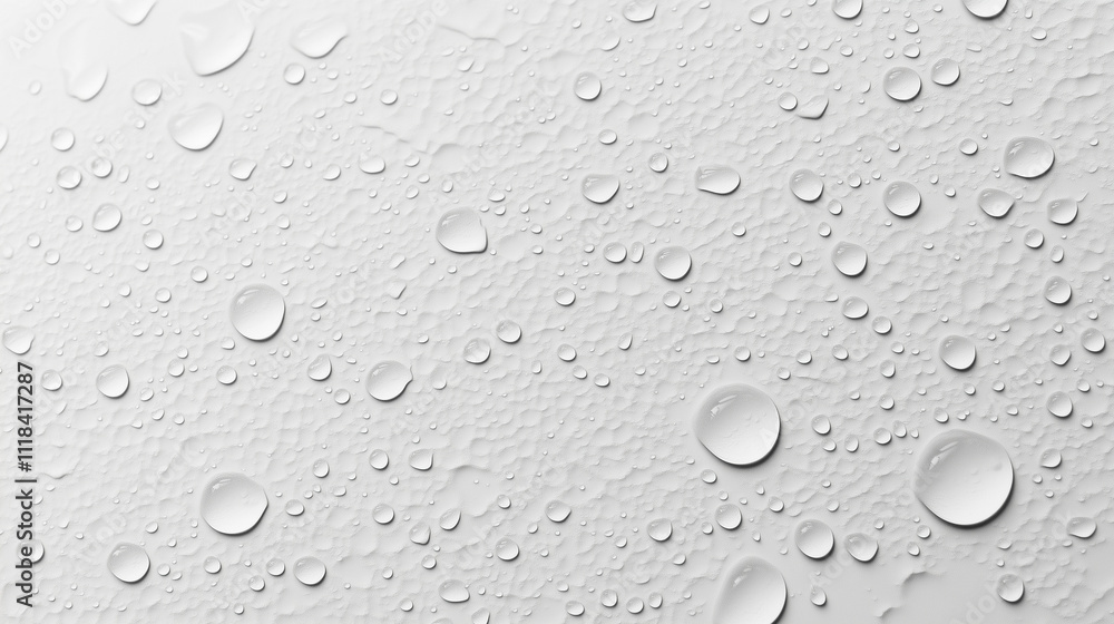 Water droplets on a vibrant white surface creating a glossy abstract pattern. Minimal flat lay texture background Water droplets on a vibrant white surface creating a glossy abstract pattern. Minimal flat lay texture background