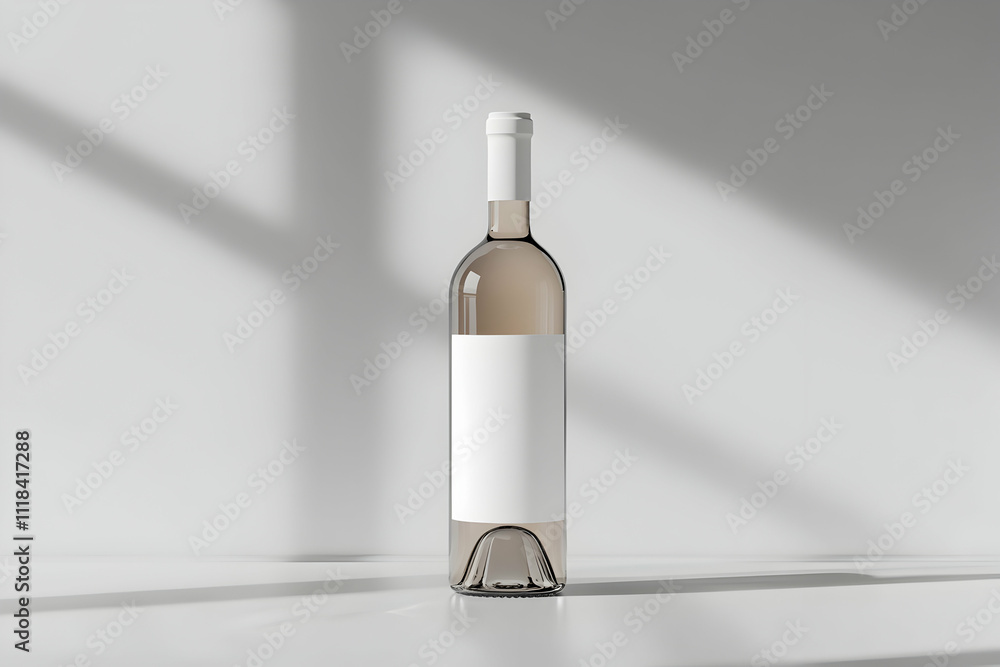White wine bottle with a blank label mockup on a beige background White wine bottle with a blank label mockup on a beige background