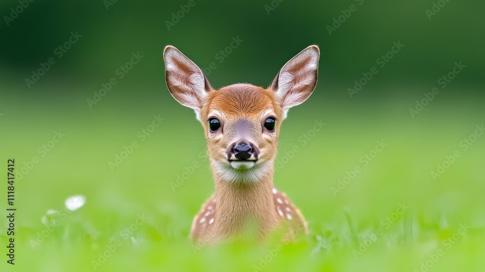 Fawn in the Meadow: A delicate fawn peeks out from a lush meadow, its large ears and innocent eyes captivating the viewer. The soft green background enhances the beauty of this young creature. Fawn in the Meadow: A delicate fawn peeks out from a lush meadow, its large ears and innocent eyes captivating the viewer. The soft green background enhances the beauty of this young creature.
