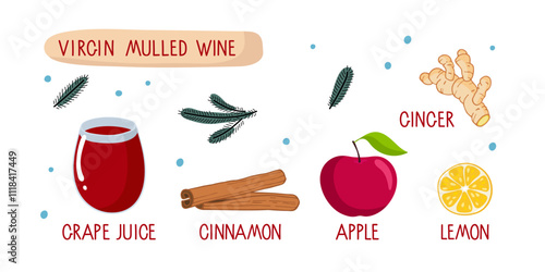 Virgin Mulled wine. Winter hot wine drink with spices illustration. Non-alcoholic mulled wine recipe. Juice Glass, cinnamon, apple fruit, lemon, ginger, fir-tree branch. Mulled wine recipe. 