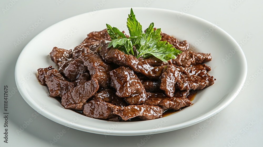 Elegant presentation of ginger beef stir fry on a porcelain plate, isolated on a soft textured background with minimal decor Elegant presentation of ginger beef stir fry on a porcelain plate, isolated on a soft textured background with minimal decor