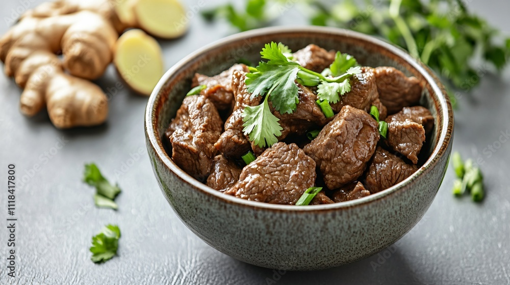 Ginger beef stir fry in a ceramic bowl, isolated on a textured grey background, decorated with sprigs of cilantro and fresh ginger slices Ginger beef stir fry in a ceramic bowl, isolated on a textured grey background, decorated with sprigs of cilantro and fresh ginger slices