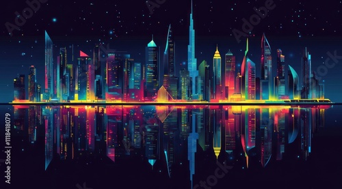 illustration of the Dubai skyline with vibrant colors and futuristic elements